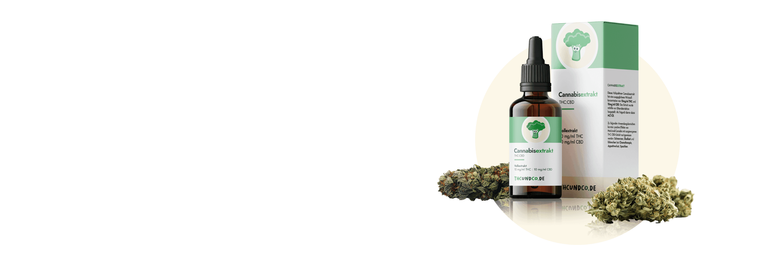 Flasche mit Cannabisextrakt und Verpackung auf einem hellen Hintergrund.